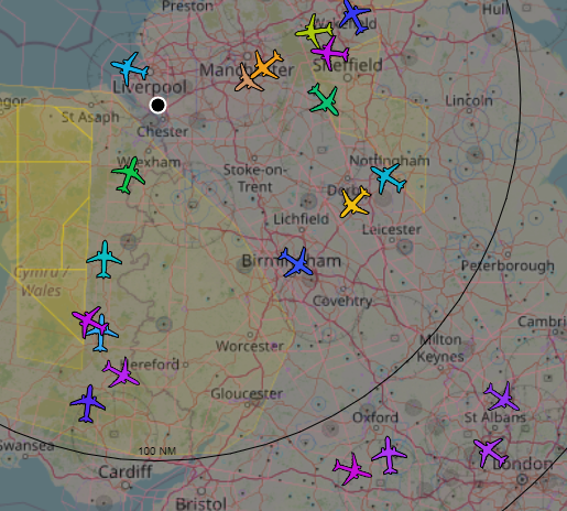 This is an image of tracked flights across the UK.